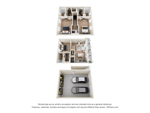 Floor plan for 3 beds, 3.5 baths, 1291 sqft